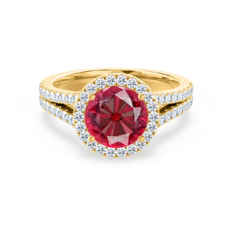 wedding band sets with engagement rings-AMELIA - Chatham® Lab Grown Red Ruby & Diamond 18k Yellow Gold Halo Ring