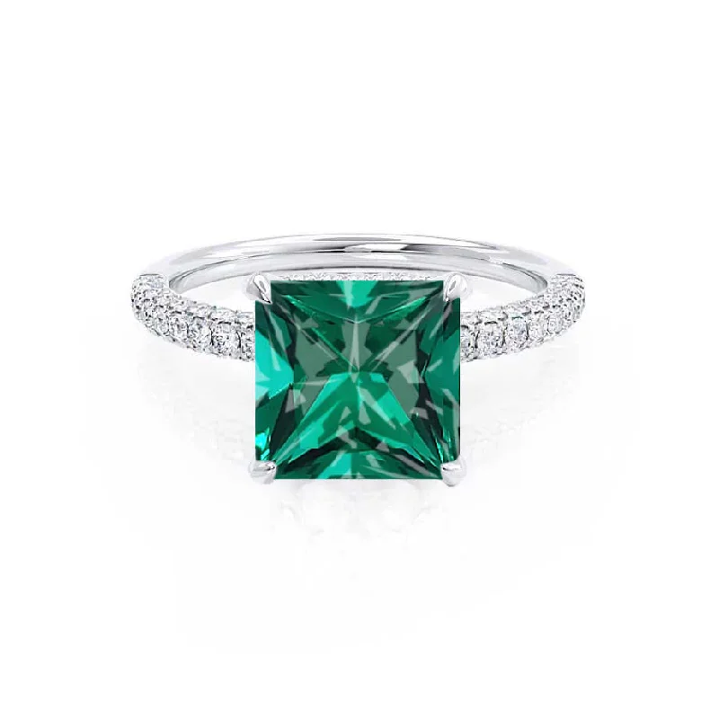 gold engagement rings-COCO - Chatham® Princess Emerald & Diamond 950 Platinum Hidden Halo Triple Pavé Shoulder Set