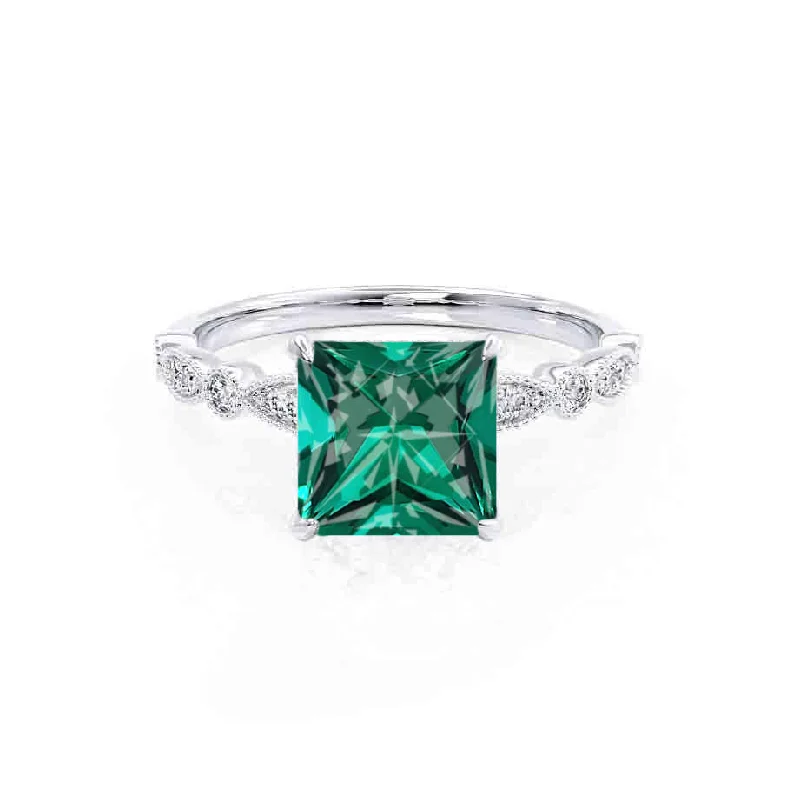 unique halo engagement rings-HOPE - Chatham® Princess Emerald & Diamond 950 Platinum Vintage Shoulder Set