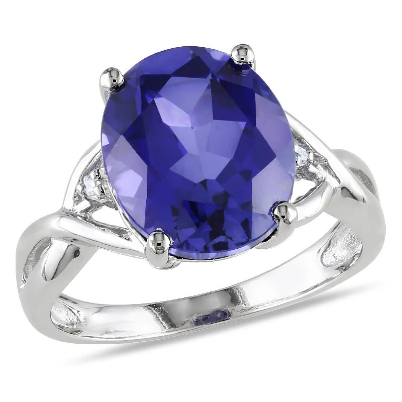 high-end engagement rings-Mimi & Max 7 1/2ct TGW Oval-Cut Created Blue Sapphire and Diamond Accent Ring in Sterling Silver