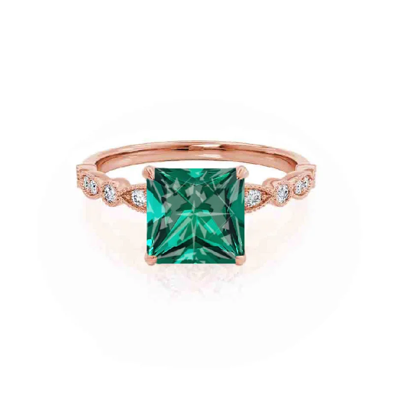 vintage rose gold engagement rings-HOPE - Chatham® Princess Emerald & Diamond 18k Rose Gold Vintage Shoulder Set