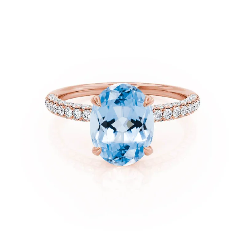 bold engagement rings-COCO - Chatham® Oval Aqua Spinel & Diamond 18k Rose Gold Petite Hidden Halo Triple Pavé Shoulder Set Ring