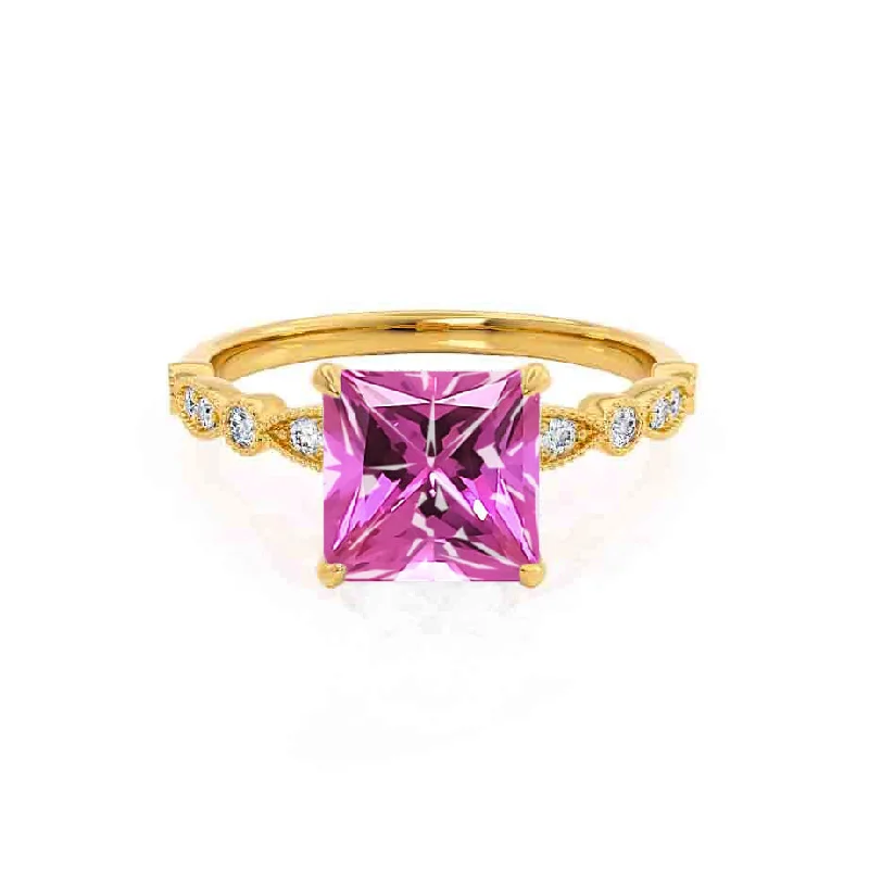 personalized wedding engagement rings-HOPE - Chatham® Princess Pink Sapphire & Diamond 18k Yellow Gold Vintage Shoulder Set