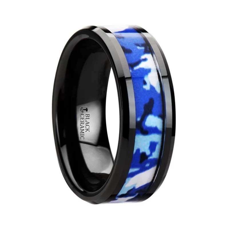 elegant rings for women-RECOIL | Black Ceramic Ring Blue and White Camouflage Inlay