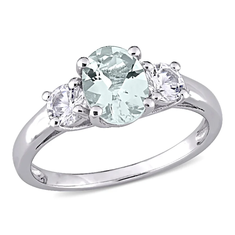 floral engagement rings-Mimi & Max Oval Cut Aquamarine and Created White Sapphire 3-Stone Ring in Sterling Silver