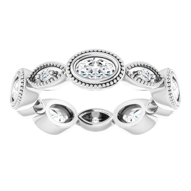 silver solitaire rings for women-Vintage Style 1.17 ct. Oval & Round Diamond Eternity Band Milgrain Accent Wedding Ring