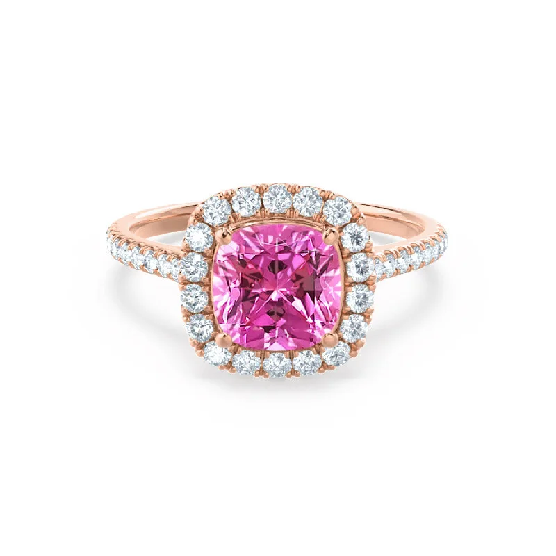 vintage engagement rings-VIOLETTE - Chatham® Cushion Pink Sapphire & Diamond 18k Rose Gold Petite Halo Ring