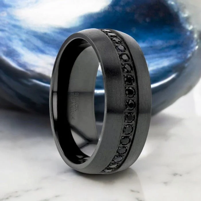 cocktail rings for women-TALON | Black Titanium Ring, Black Sapphires Inlay, Domed