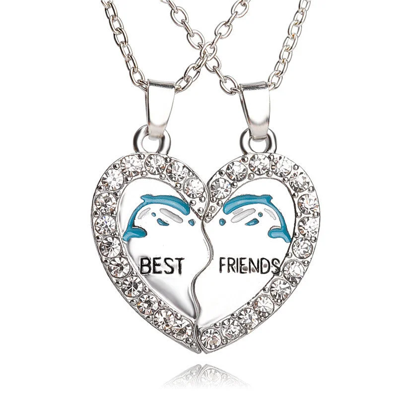 gemstone necklaces for women-Best Friends Rhinestone Dolphin Necklace With Split Broken Heart