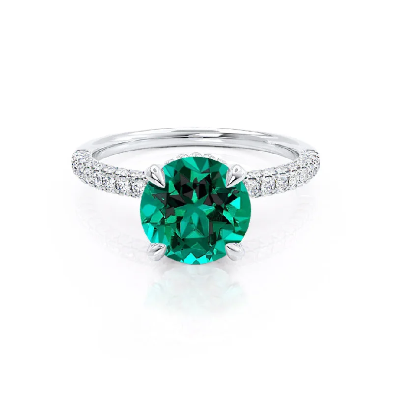 yellow gold engagement rings-COCO- Chatham® Round Emerald & Diamond 950 Platinum Petite Hidden Halo Triple Pavé Shoulder Set Ring