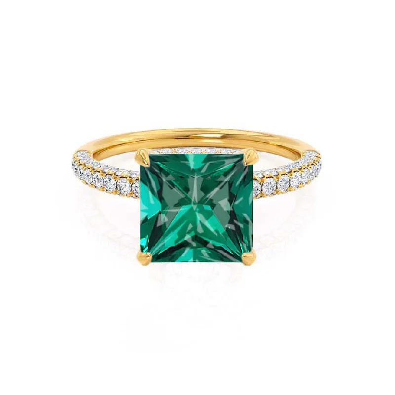 vintage engagement rings-COCO - Chatham® Princess Emerald & Diamond 18k Yellow Gold Hidden Halo Triple Pavé Shoulder Set