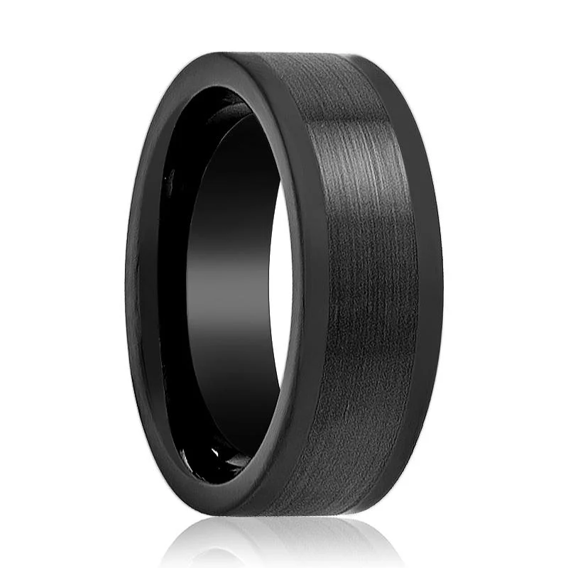 simple rings for women-DUSKORA | Black Tungsten Ring, Brushed Center & Polished Edges, Flat