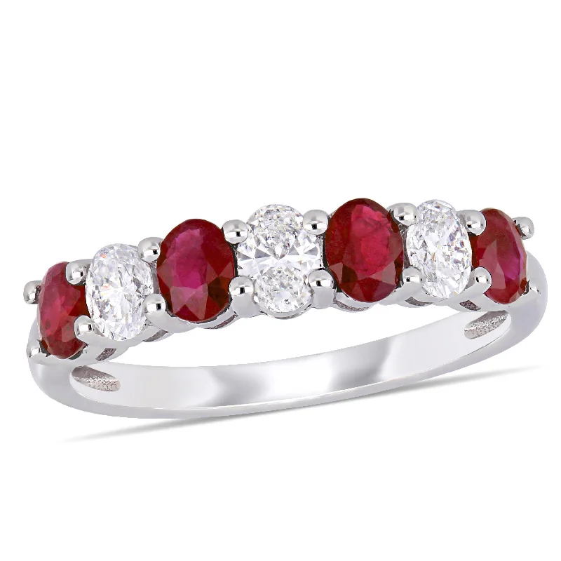 square engagement rings-Mimi & Max 4/5ct TGW Oval Ruby 1/2ct TW Oval Diamond Semi-Eternity Band 14k White Gold