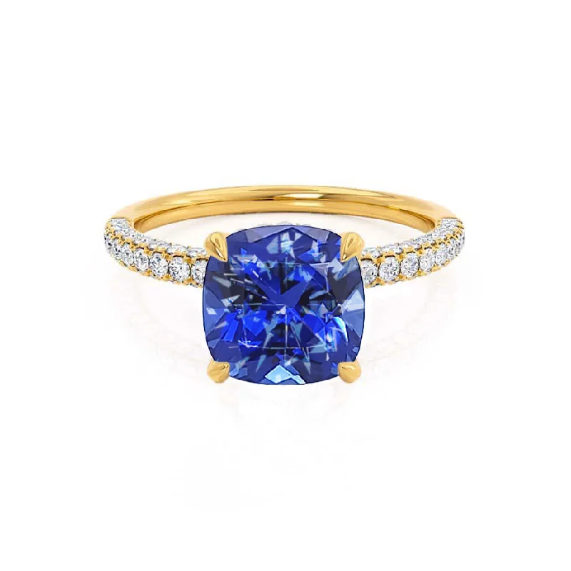 square engagement rings-COCO - Chatham® Cushion Blue Sapphire & Diamond 18k Yellow Gold Hidden Halo Triple Pavé Shoulder Set