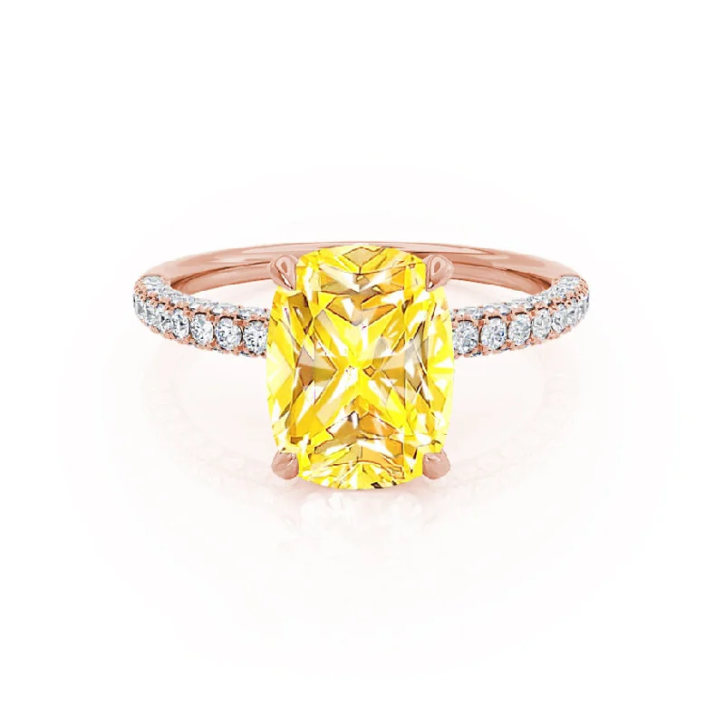 classic engagement rings-COCO - Chatham® Elongated Cushion Cut Yellow Sapphire 18k Rose Gold Petite Hidden Halo Triple Pavé