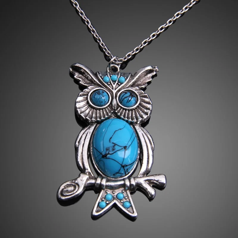 elegant necklaces for women-Natural Blue Stone Moissanite Studded Owl Necklace and Pendant