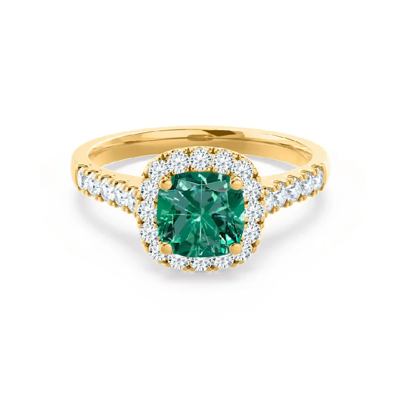 cushion cut engagement rings-OPHELIA - Chatham® Lab Grown Emerald & Diamond 18K Yellow Gold Halo