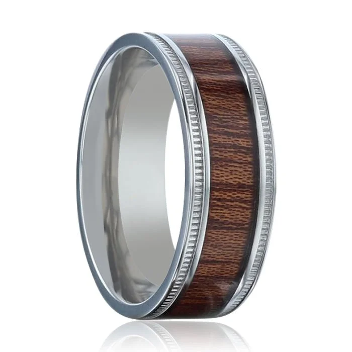 vintage-style rings for women-MOCHA | Silver Titanium Ring, Koa Wood Inlay, Flat