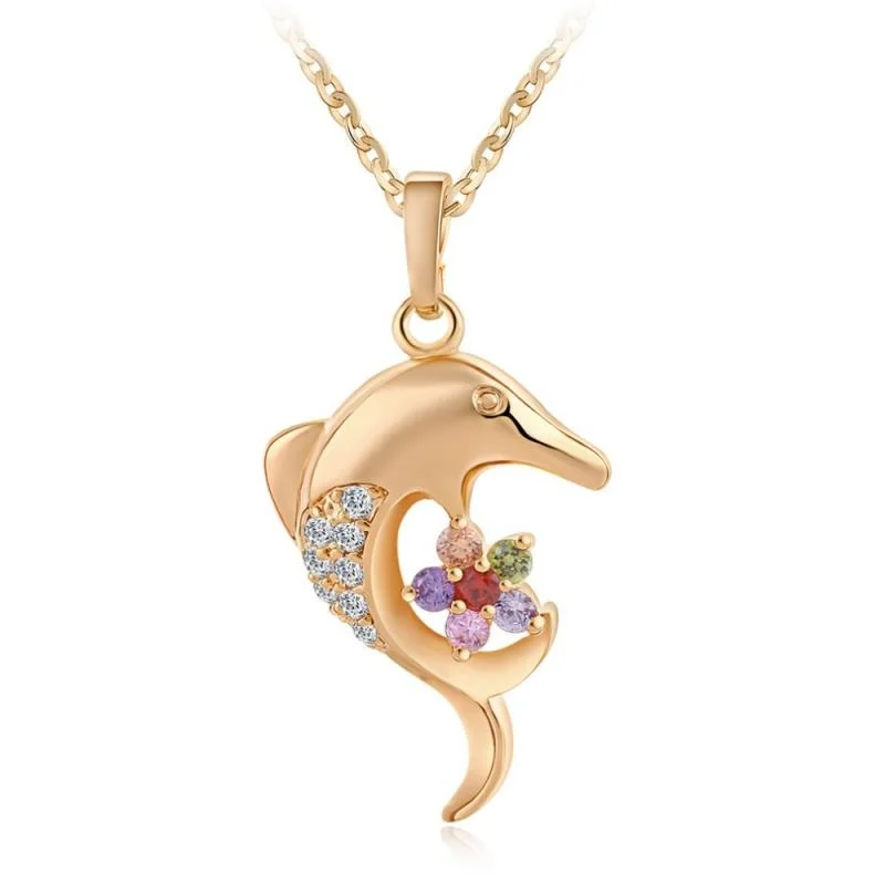 jade necklaces for women-Gold Plated Dolphin Necklace With Elegant Dolphin Rhinestone Pendant