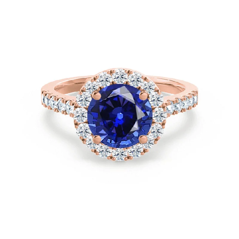 stackable engagement rings-CECILY - Chatham® Lab Grown Blue Sapphire & Diamond 18k Rose Gold Halo Ring