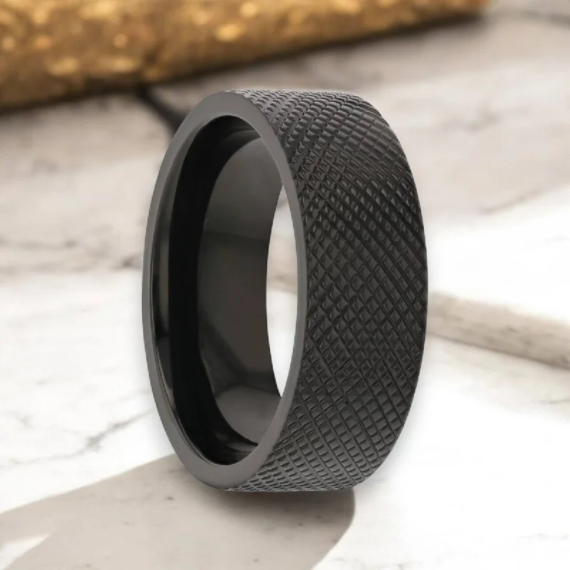 adjustable gemstone rings-MIDNIGHT | Black Zirconium Ring, Knurled Finish, Flat