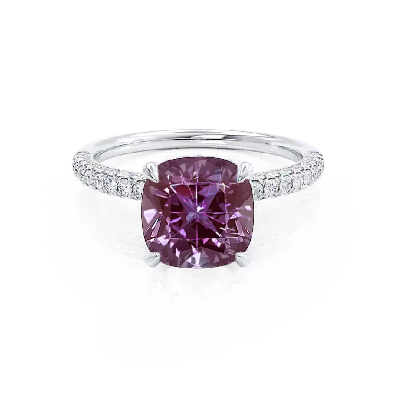 diamond engagement rings-COCO - Chatham® Cushion Alexandrite & Diamond 950 Platinum Hidden Halo Triple Pavé Shoulder Set