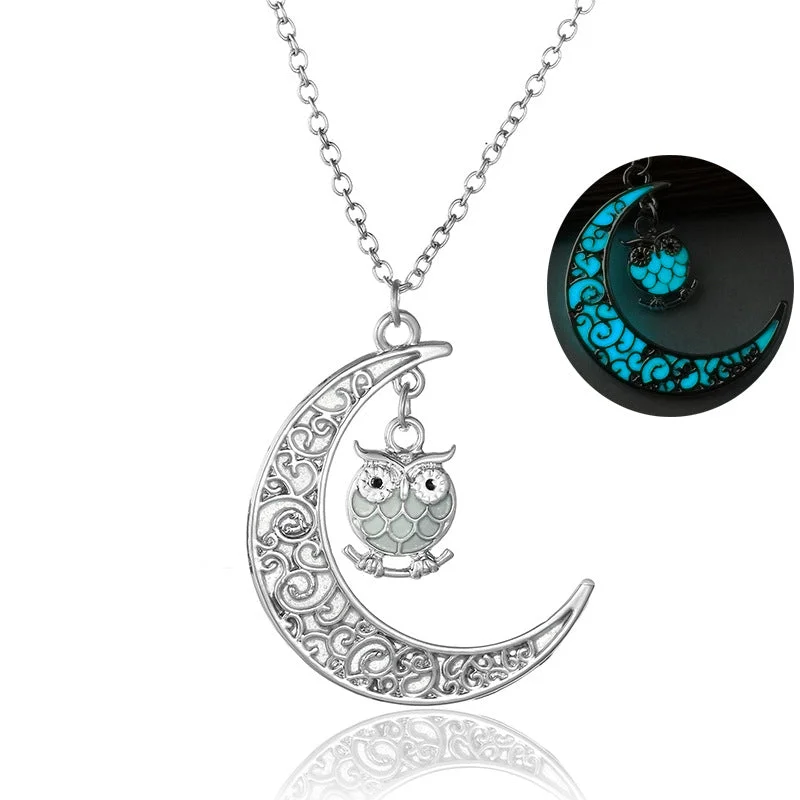 fine jewelry necklaces for women-Hollow out Moon And Owl Luminous Pendant Necklaces Glow In The Dark - Perfect Halloween Gift