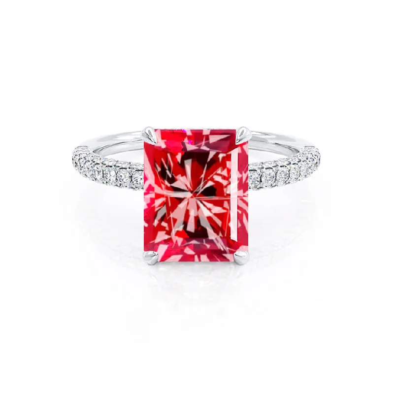 wedding engagement ring sets-COCO - Chatham® Radiant Ruby & Diamond 18k White Gold Petite Hidden Halo Triple Pavé Shoulder Set Ring