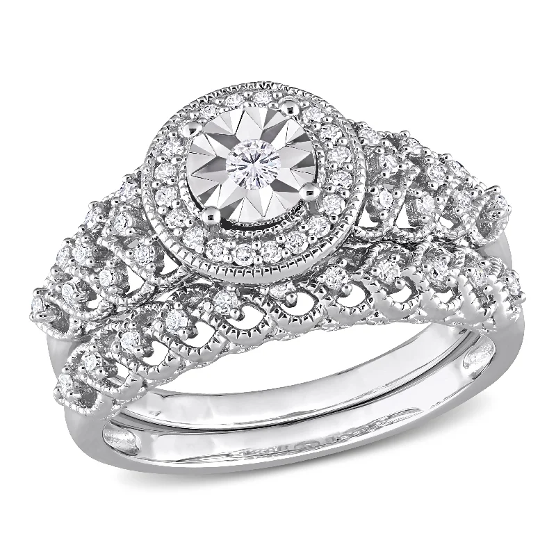 cushion cut engagement rings-Mimi & Max 1/3ct TDW Diamond Halo Bridal Ring Set in Sterling Silver