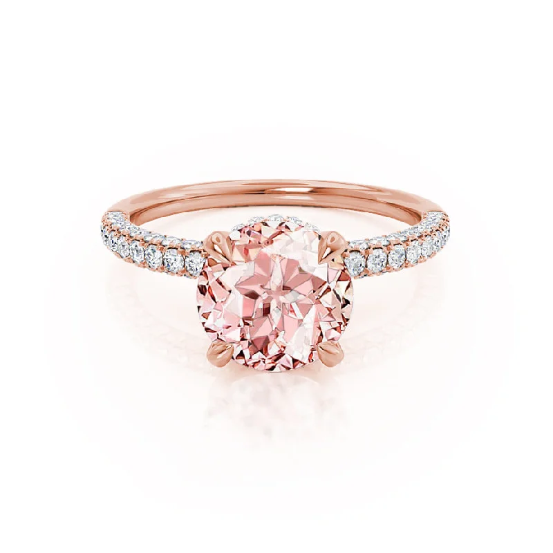 luxurious engagement rings-COCO- Chatham® Round Champagne Sapphire & Diamond 18k Rose Gold Petite Hidden Halo Triple Pavé Shoulder Set Ring