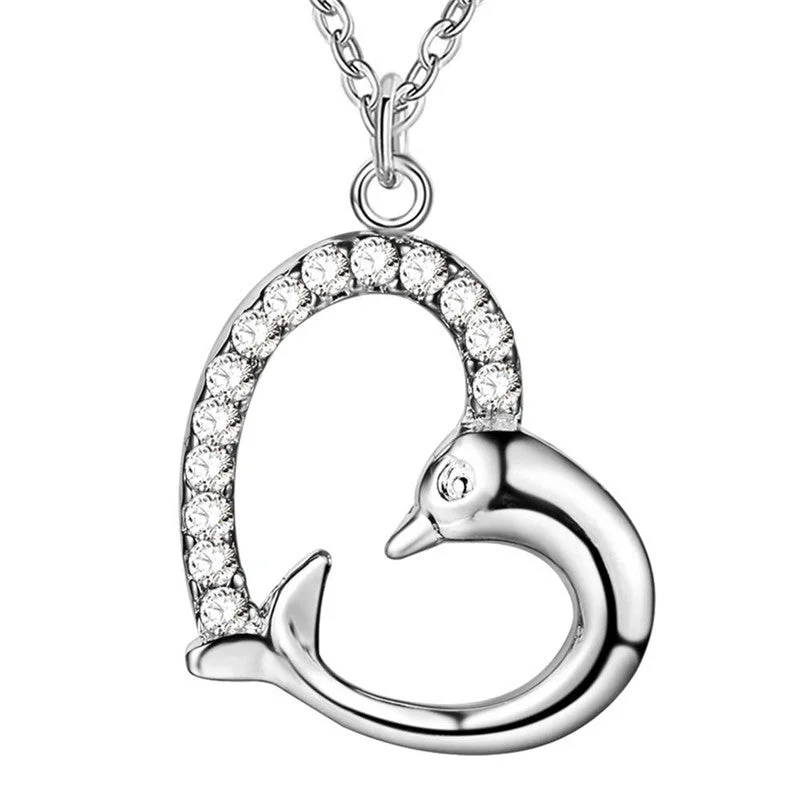 pearl necklaces for women-Silver Plated Zircon Heart Shaped Dolphin Necklace & Pendant