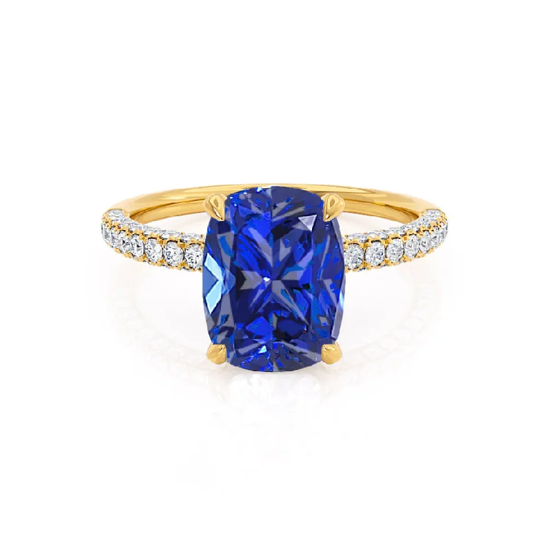 round sapphire engagement rings-COCO - Chatham® Elongated Cushion Cut Blue Sapphire 18k Yellow Gold Petite Hidden Halo Triple Pavé