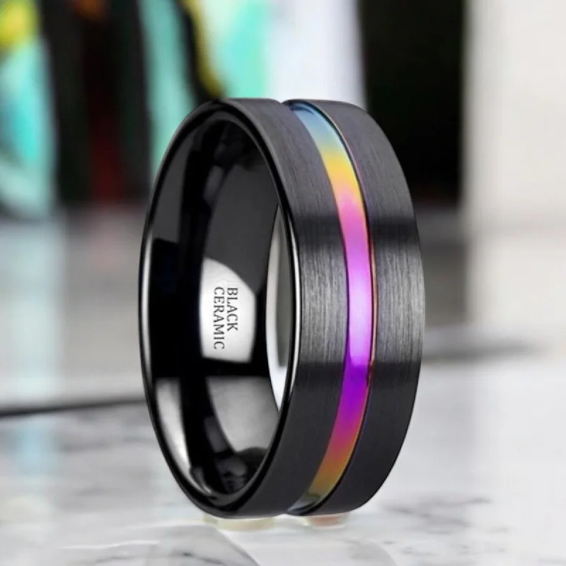 fashion rings for women-AZURE | Black Ceramic Ring, Rainbow Grooved Center, Flat