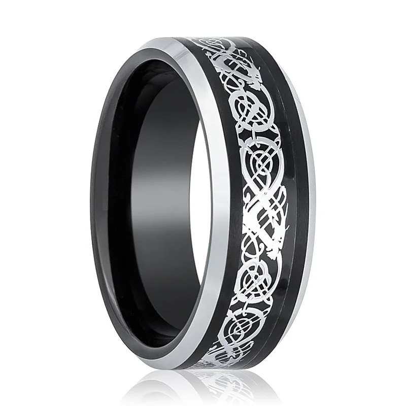 statement rings for women-BETTLER | Black Tungsten Ring, Celtic Cut-Out Design, Silver Beveled