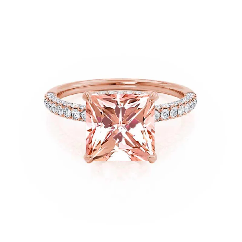 affordable engagement rings-COCO - Chatham® Princess Champagne Sapphire & Diamond 18k Rose Gold Hidden Halo Triple Pavé Shoulder Set