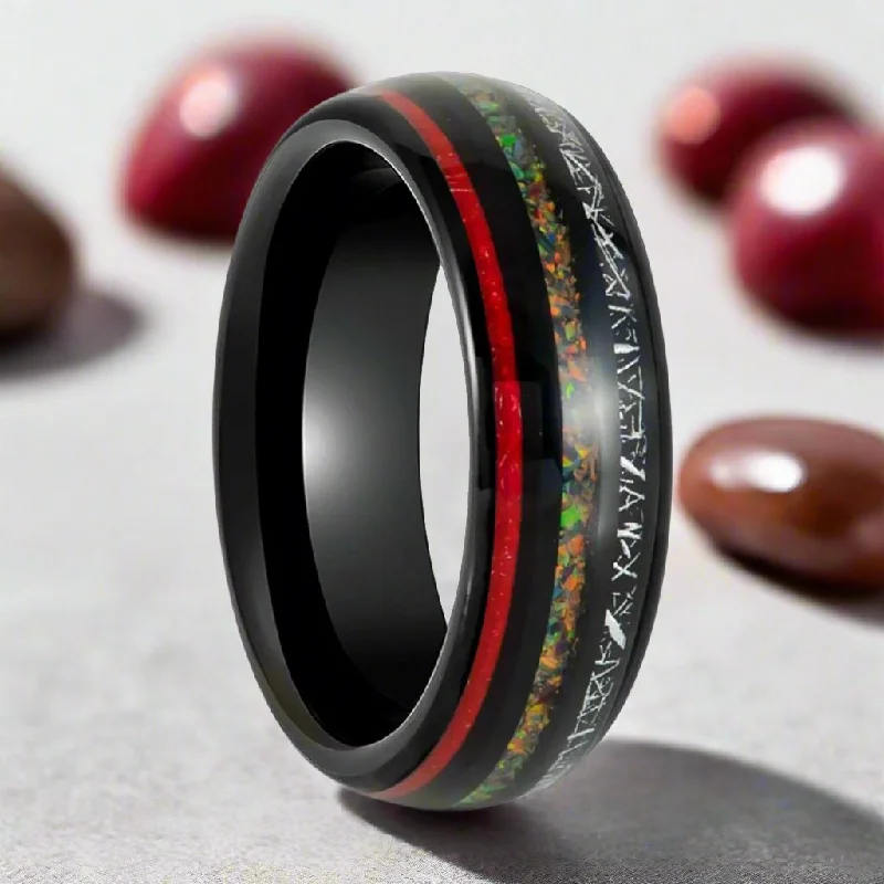 gold diamond rings for women-STRIDER | Black Tungsten Ring, Meteorite & Opal Inlays, Domed