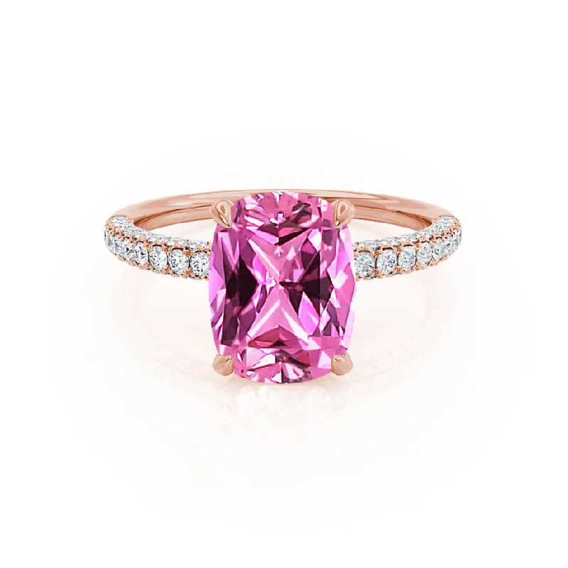 vintage rose gold engagement rings-COCO - Chatham® Elongated Cushion Cut Pink Sapphire 18k Rose Gold Petite Hidden Halo Triple Pavé