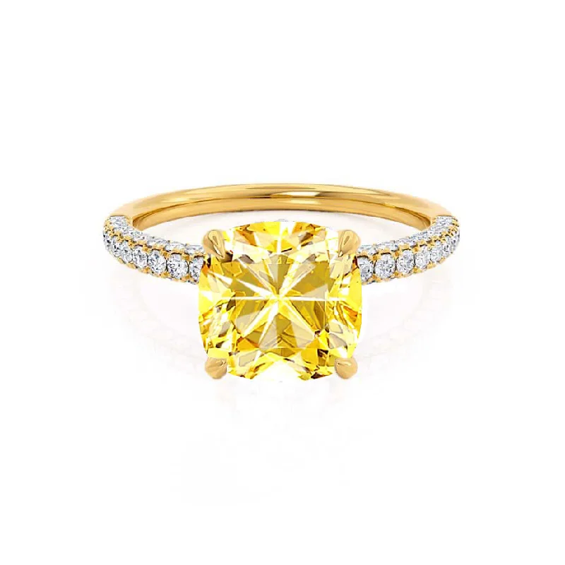 three-stone engagement rings-COCO - Chatham® Cushion Yellow Sapphire & Diamond 18k Yellow Gold Hidden Halo Triple Pavé Shoulder Set