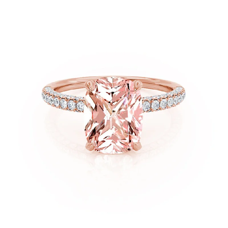 cushion-cut diamond engagement rings-COCO - Chatham® Elongated Cushion Cut Champagne Sapphire 18k Rose Gold Petite Hidden Halo Triple Pavé