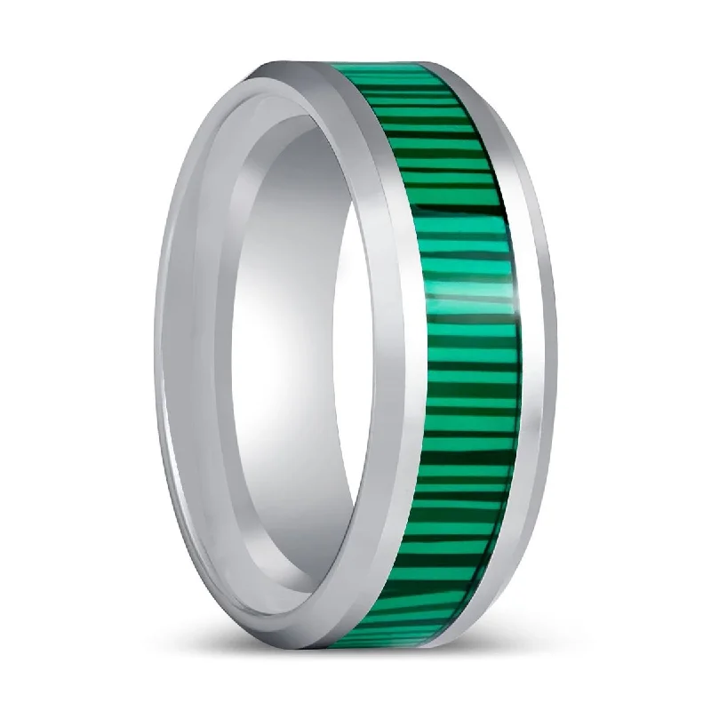 silver diamond rings for women-SUITLAND | Silver Tungsten Ring Faux Malachite Inlay