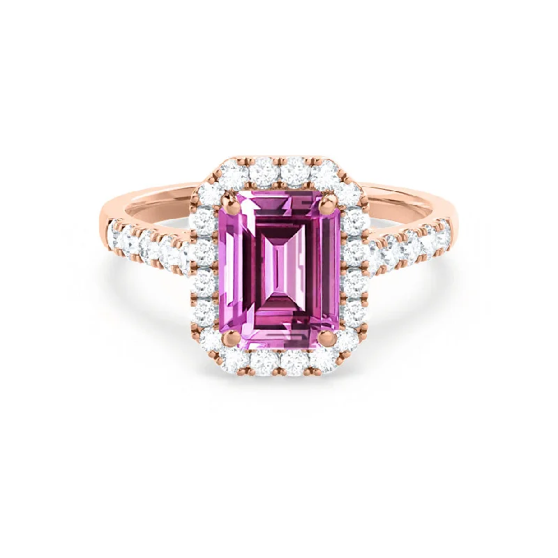 custom design engagement rings-ESME - Chatham® Emerald Lab-Grown Pink Sapphire & Diamond 18k Rose Gold Halo