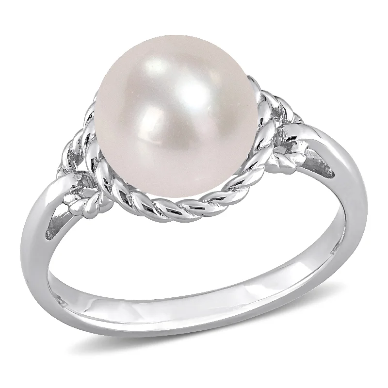 custom-made engagement rings-Mimi & Max 9-9.5mm White Cultured Freshwater Pearl Rope Frame Ring in Sterling Silver