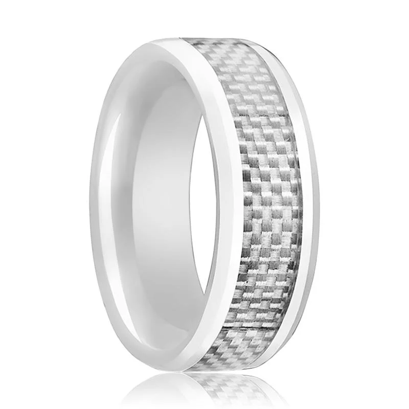 platinum rings for women-KENYON | White Ceramic Ring, White Carbon Fiber Inlay, Beveled