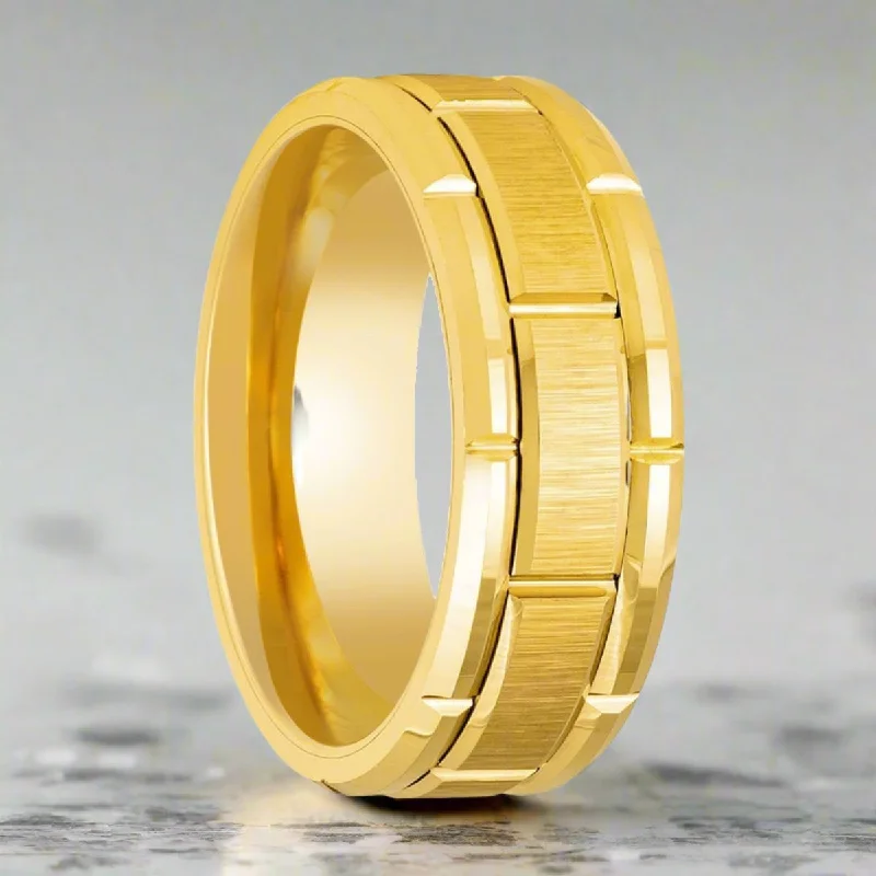 vintage rose gold rings for women-BRICKCRAFT | Yellow Tungsten Ring, Yellow Brick Pattern Design