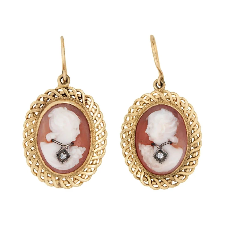 elegant pearl earrings for women-Retro 14k Diamond Cameo Dangle Earrings