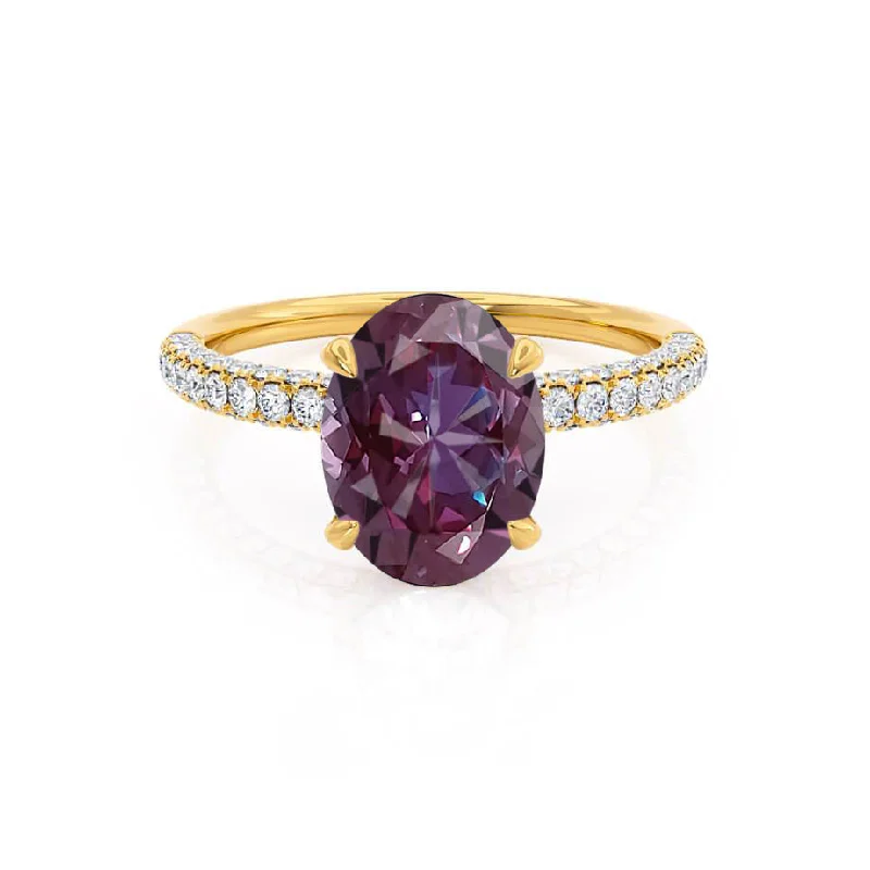 wedding engagement ring sets-COCO - Chatham® Oval Alexandrite & Diamond 18k Yellow Gold Petite Hidden Halo Triple Pavé Shoulder Set Ring