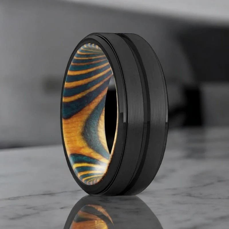 sapphire rings for women-VERDURE | Green & Yellow Wood, Black Tungsten Ring, Grooved, Stepped Edge