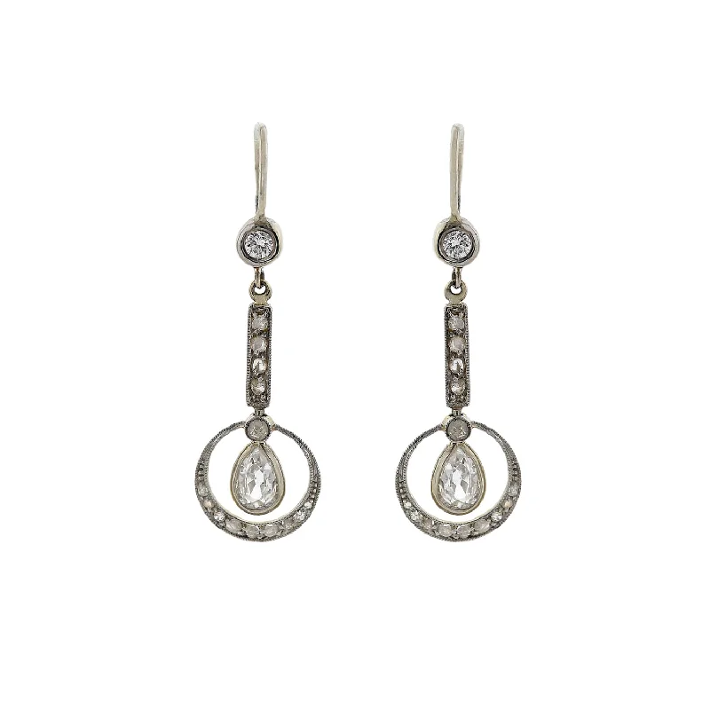 retro earrings for women-Edwardian Platinum/14kt Pear Cut Diamond Dangle Earrings 0.95ctw