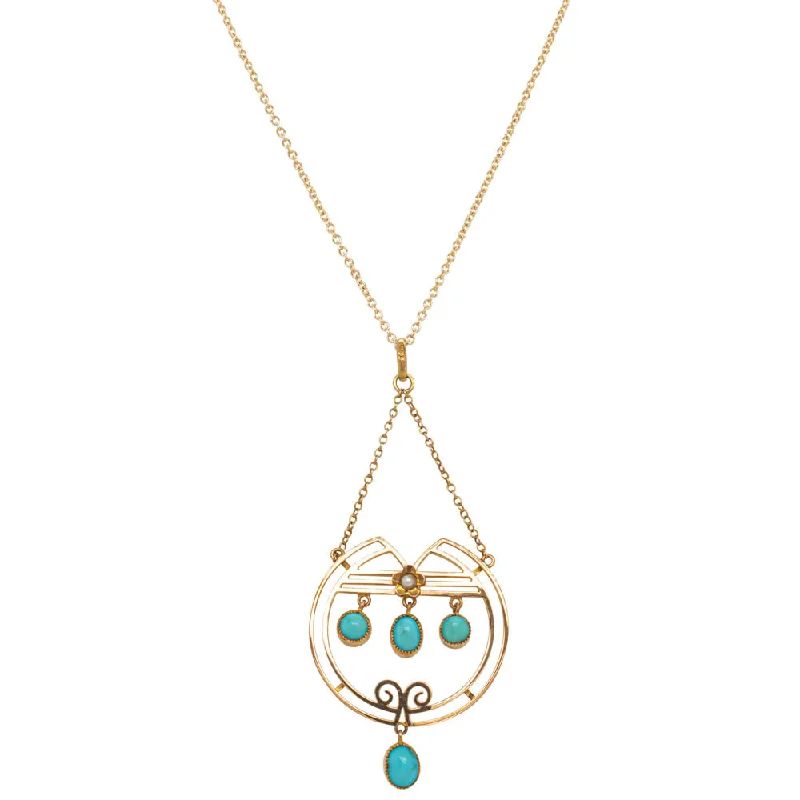 elegant gold necklaces for women-Vintage 9ct Yellow Gold Turquoise & Seed Pearl Pendant