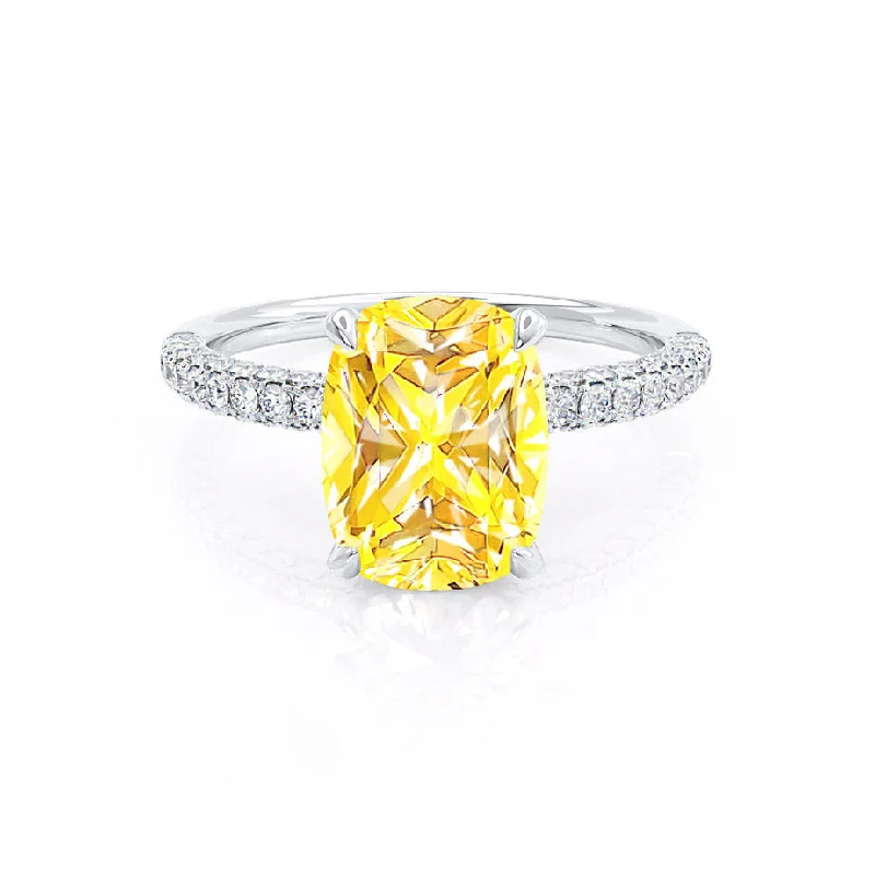 wedding band engagement rings-COCO - Chatham® Elongated Cushion Cut Yellow Sapphire 950 Platinum Petite Hidden Halo Triple Pavé